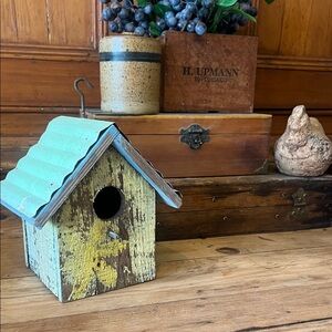 Rustic Decorative Birdhouse with Mint Roof and Yellow Accents